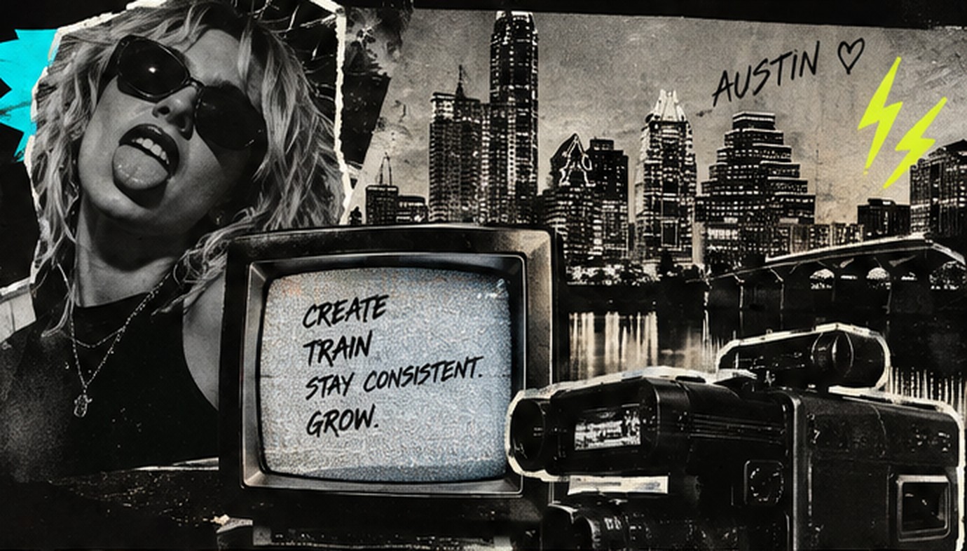 90s collage with Austin skyline, camcorder, CRT television reading Create, Train, Stay Consistent, Grow